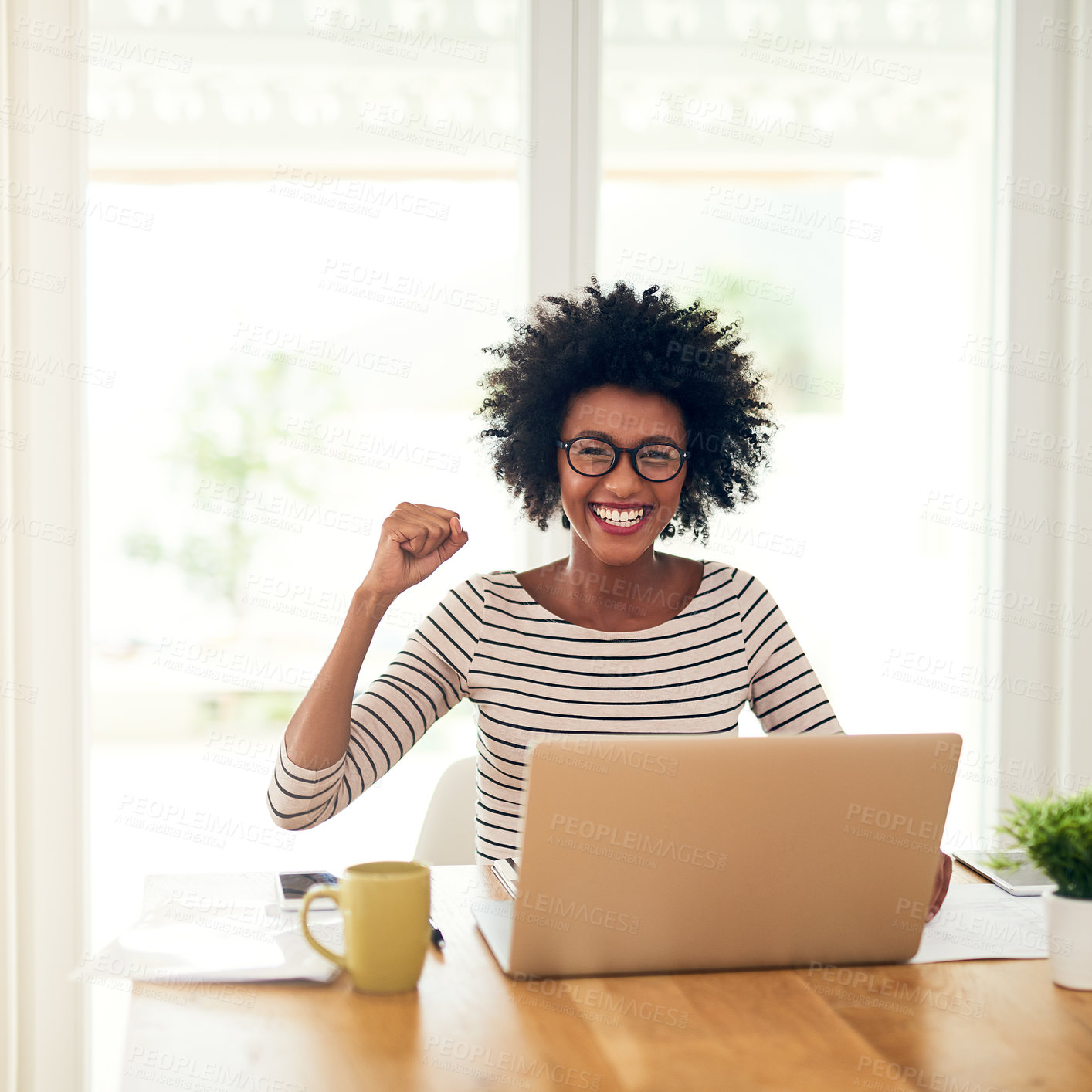 Buy stock photo Portrait, celebration and black woman on laptop in home office for lottery win, success and remote work achievement goal. Face, smile and fist pump for bonus promotion, good news or freelancer prize