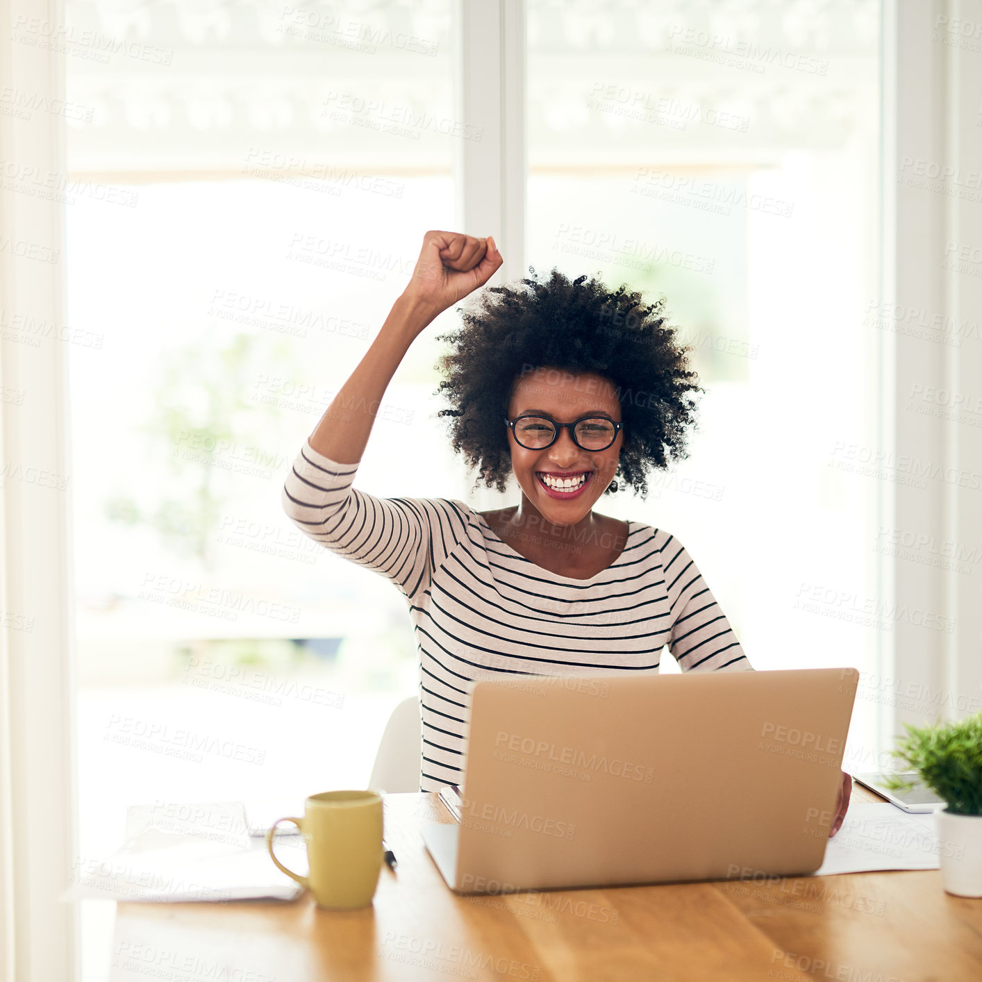 Buy stock photo Portrait, celebration and happy black woman on laptop in home office for lottery win, success and remote work achievement goal. Face, fist pump and bonus promotion, good news or freelancer prize