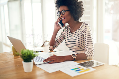 Buy stock photo Phone call, laptop and black woman accountant talking financial company or startup strategy in home office. Cellphone, happy and entrepreneur or employee planning graph results doing remote work