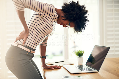Buy stock photo Business, laptop and woman with back pain, burnout and health issue with injury, accident and inflammation. Female person, employee or entrepreneur with pc, technology and medical problem with strain