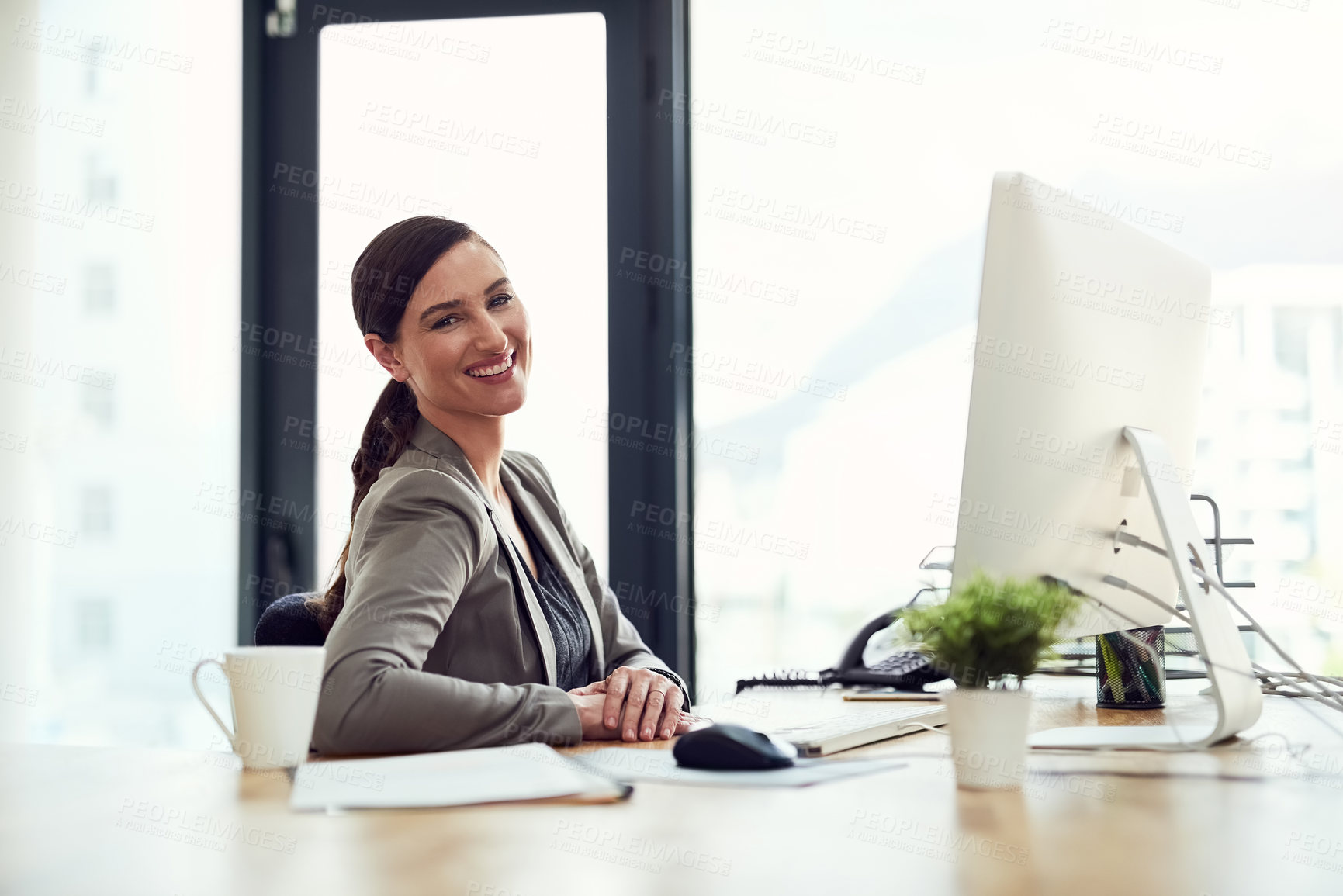Buy stock photo Computer, happy and portrait of business woman in office for career or corporate job in Spain. Face, financial advisor and smile of confident professional entrepreneur, employee and expert at work