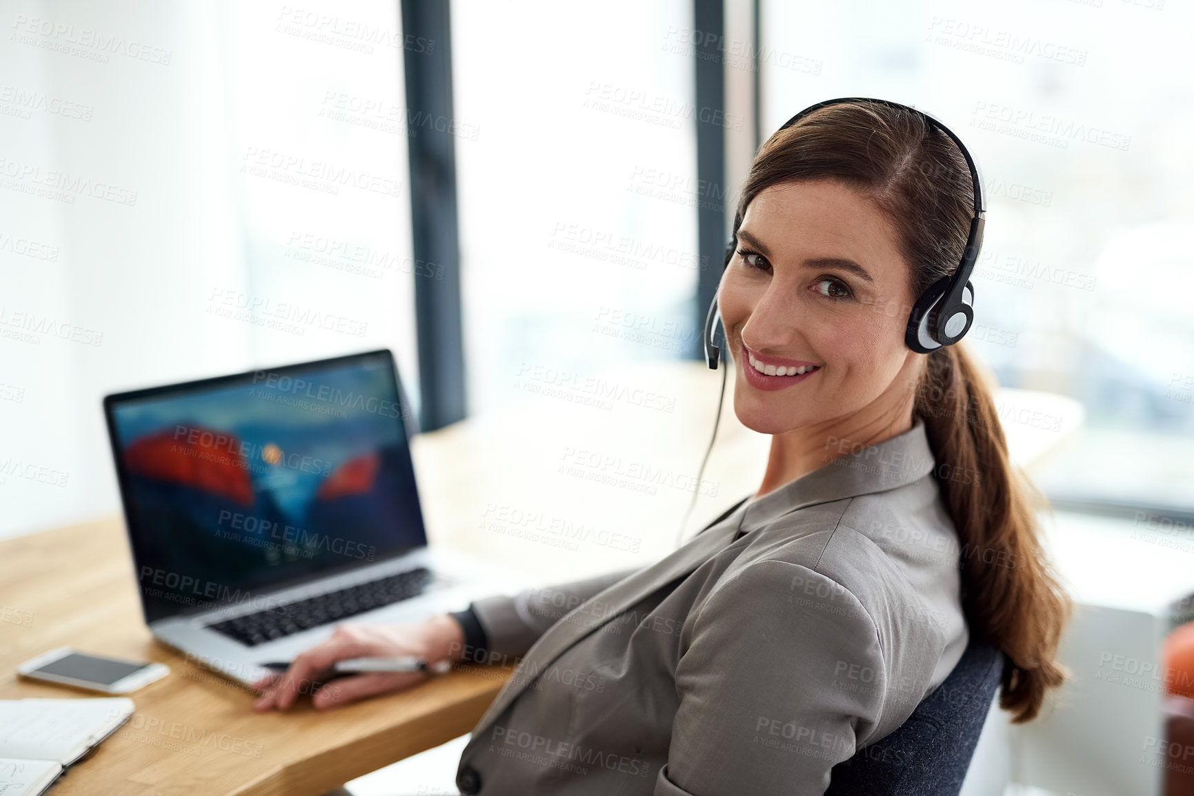 Buy stock photo Portrait, headset and woman in call center with laptop for customer support, telemarketing and internet connection. Office, headphones and female agent for online faq with help and consulting career
