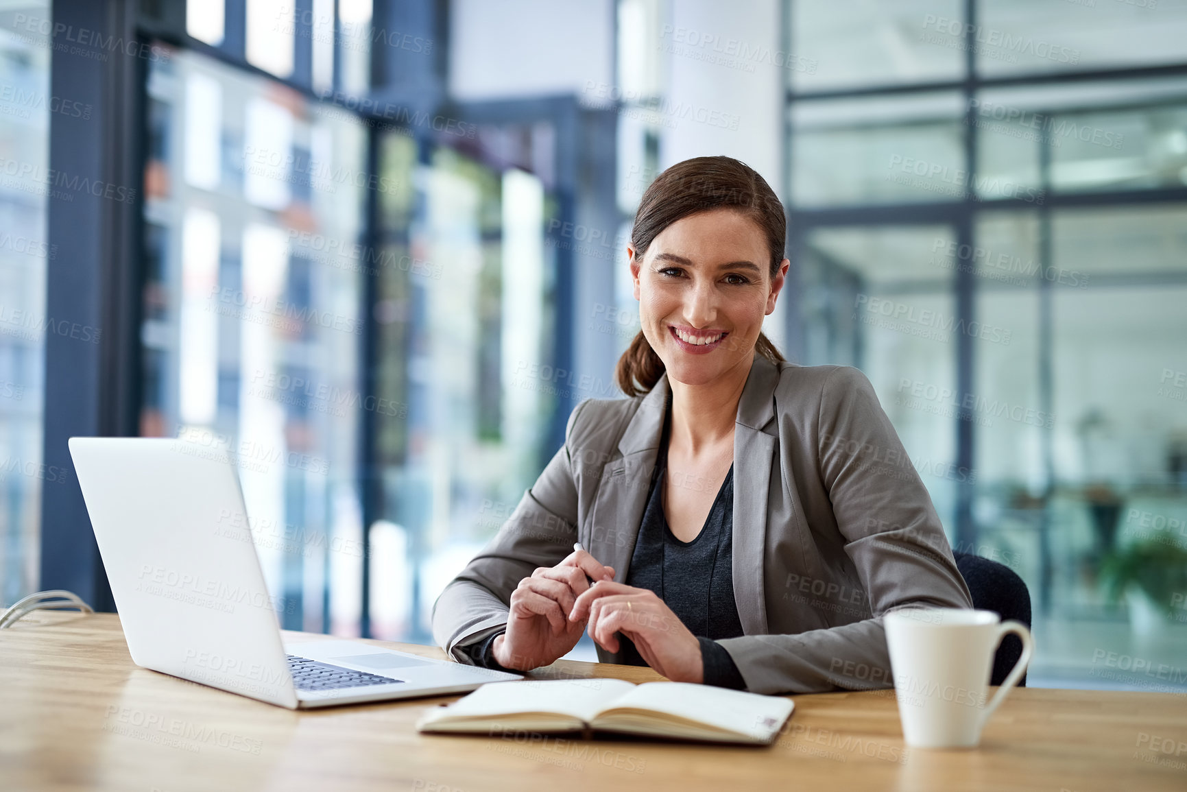 Buy stock photo Laptop, happy and portrait of business woman in office for career or corporate job in Spain. Face, secretary and smile of confident professional entrepreneur, employee and receptionist with book