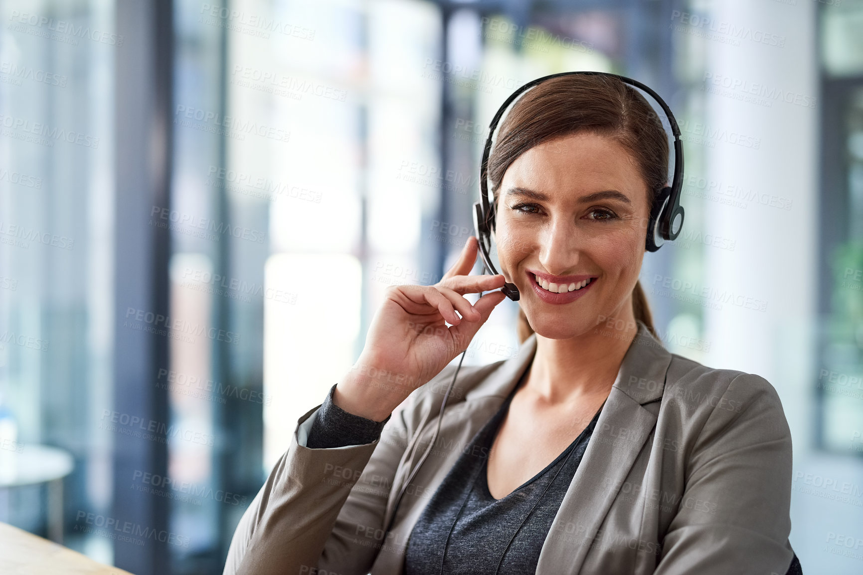 Buy stock photo Portrait, woman and happy at call center for customer or client support and service. Office, crm and advisor or consultant in smile or pride and satisfied with advice, career opportunity and growth