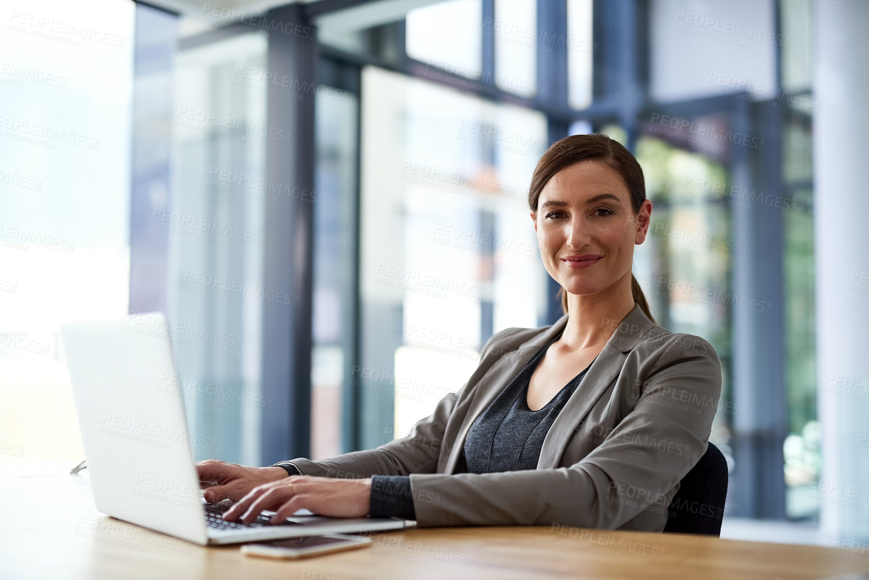 Buy stock photo Laptop, portrait and business woman typing email, information or research company in Italy. Face, secretary and professional entrepreneur on computer, employee or confident receptionist in workplace