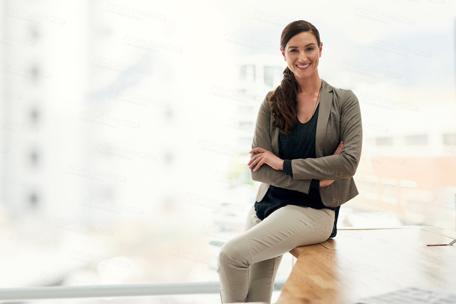 Buy stock photo Portrait, smile and business woman with arms crossed in office workplace for career or job in Italy. Happy professional, entrepreneur and confident financial advisor, employee or worker in company