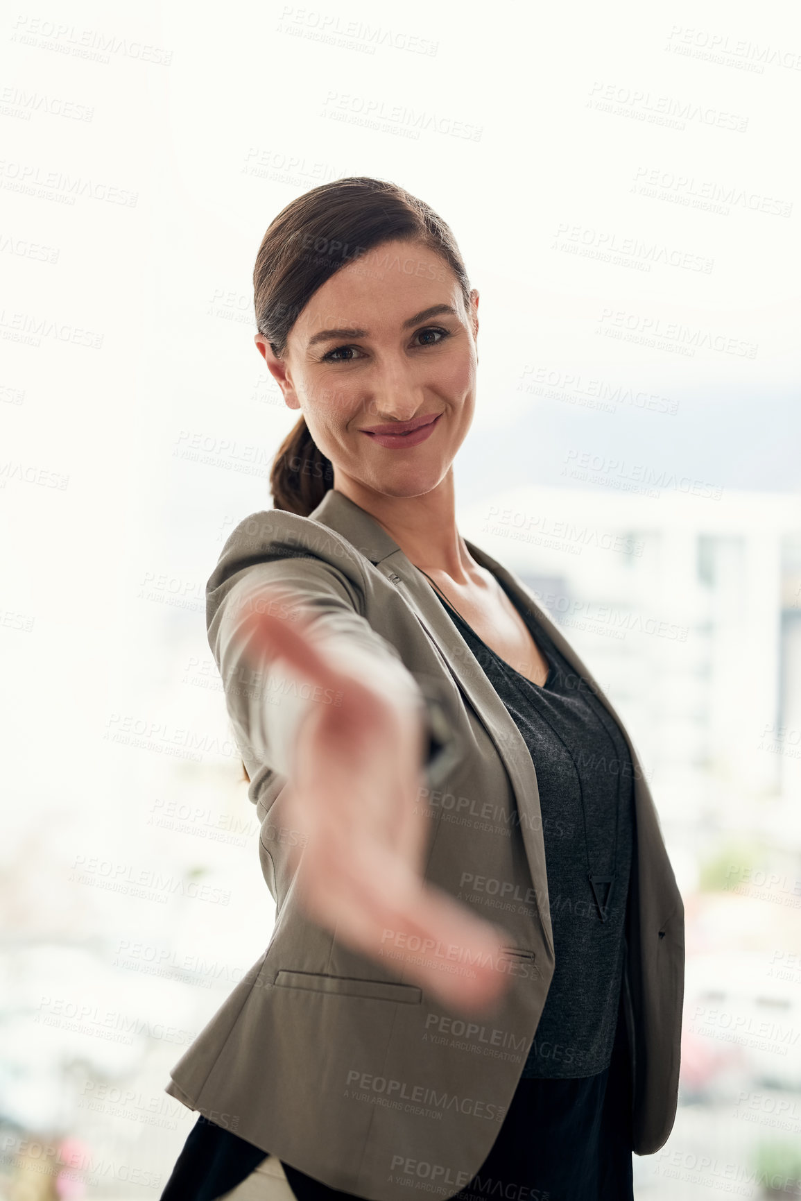 Buy stock photo Business woman, open hand and greeting for handshake, deal and partnership or collaboration. Human resources, welcome and interview thank you for recruitment, hiring and onboarding for work employee