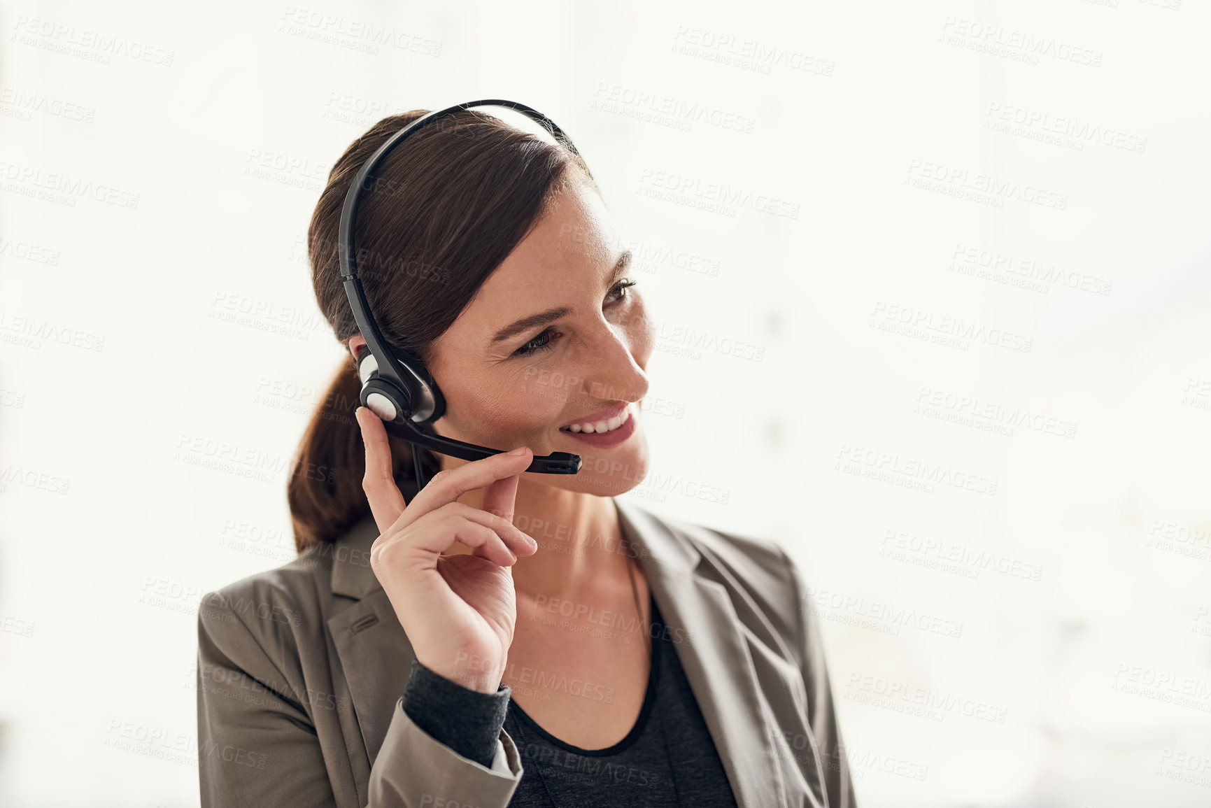 Buy stock photo Employee, woman and smile at call center for customer or client support and service. Office, crm and advisor or consultant in happy or pride and satisfied with advice, help and conversations