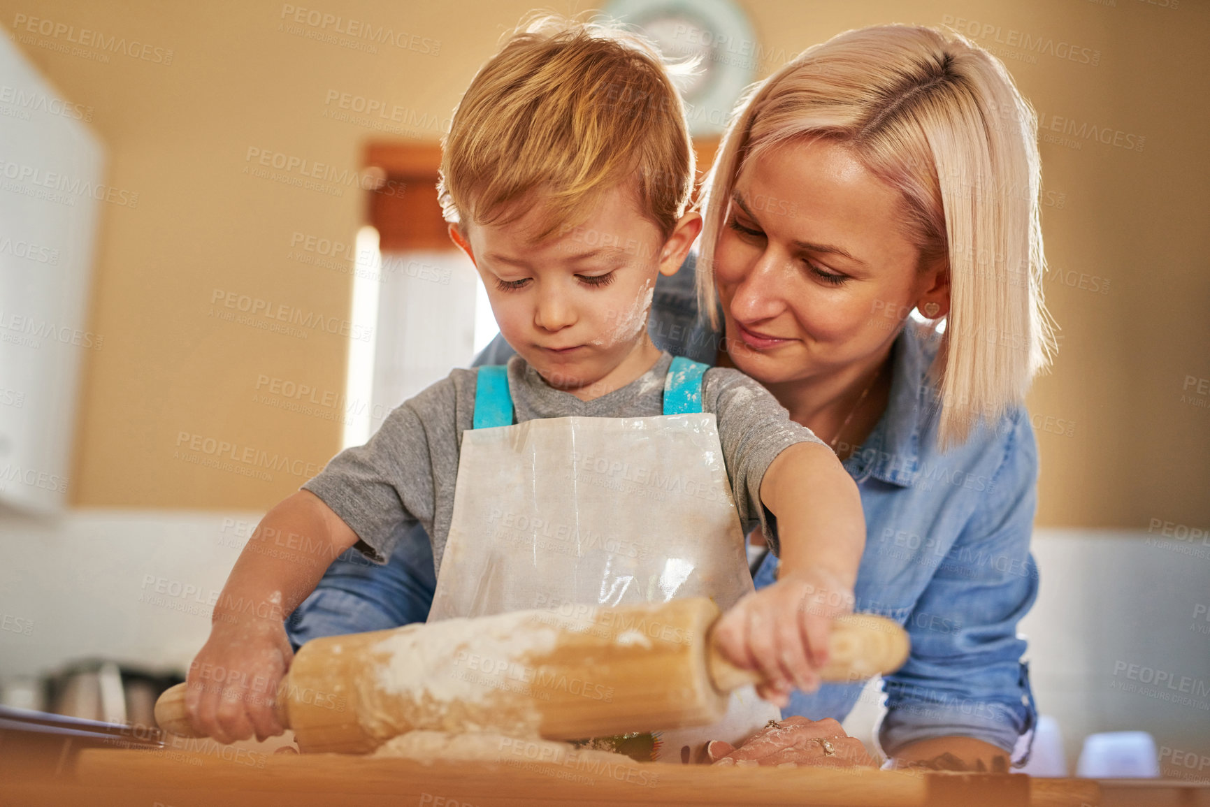 Buy stock photo Baking, mother and boy kid with dough in kitchen for teaching, learning or development in home. Recipe, happy woman and young child with rolling pin for sweet snack, pastry dessert or cookies