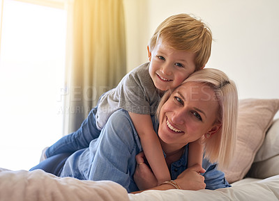 Buy stock photo Portrait of a mother and son spending some quality time together at home