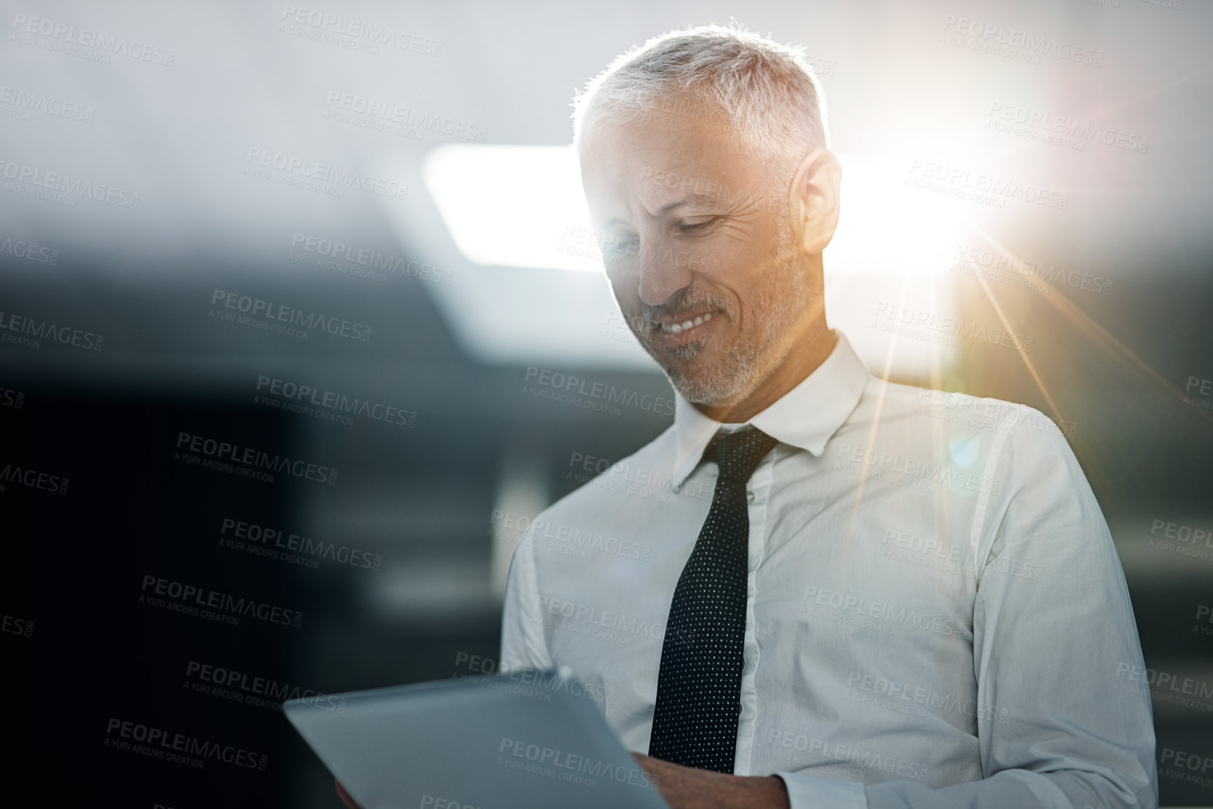 Buy stock photo Shot of a businessman standing in an office using a digital tablet