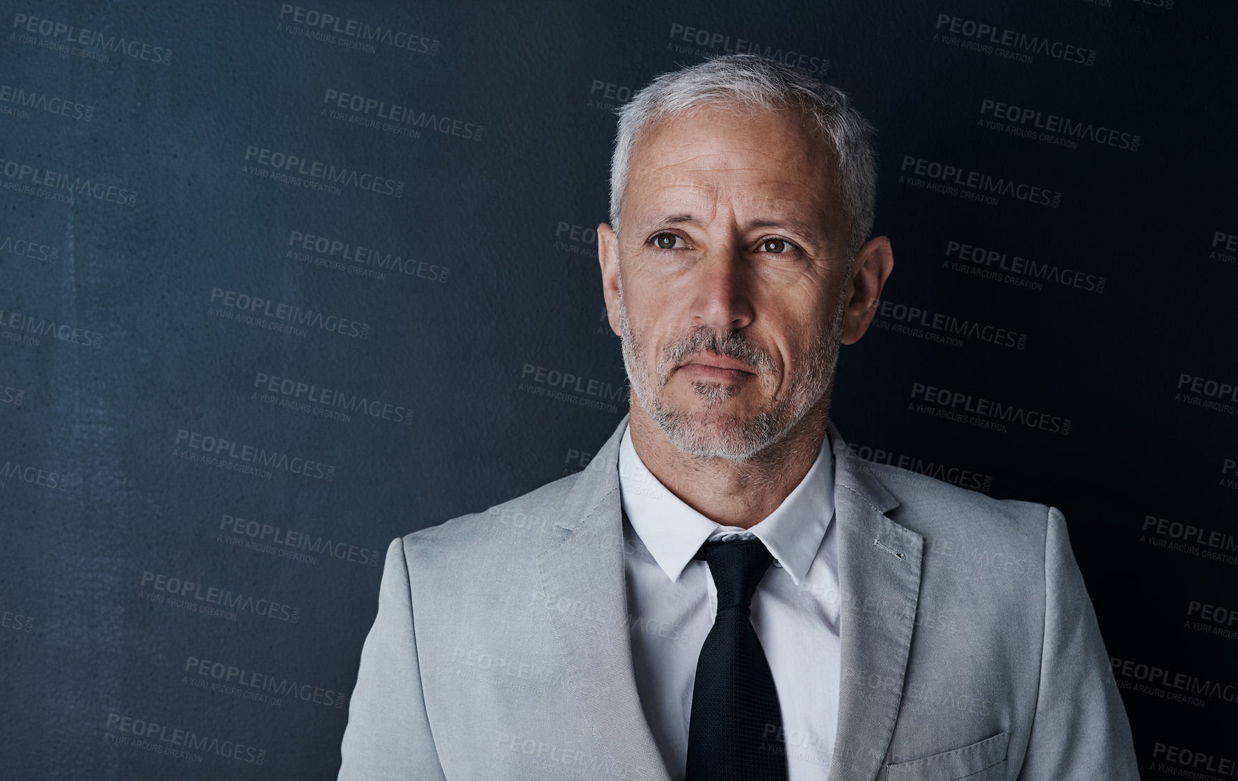 Buy stock photo Business, mature man and thinking in studio on black background for ideas, vision and mission. Male person, ceo and isolated as boss with thoughts for solution, company growth, future and hope