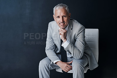 Buy stock photo Portrait of senior lawyer on chair with smile, confidence and mockup space on dark background in studio. Pride, professional career and happy executive attorney mature businessman or law firm boss.