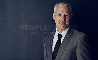 Buy stock photo Mockup, smile and studio portrait of businessman in suit, confidence and pride on dark background. Boss, ceo and business owner with professional career, senior model with executive management job.