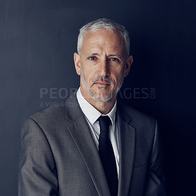 Buy stock photo Studio portrait of mature businessman, lawyer or attorney with serious face on dark background. Boss, ceo and professional business owner, senior director with executive management job at law firm.