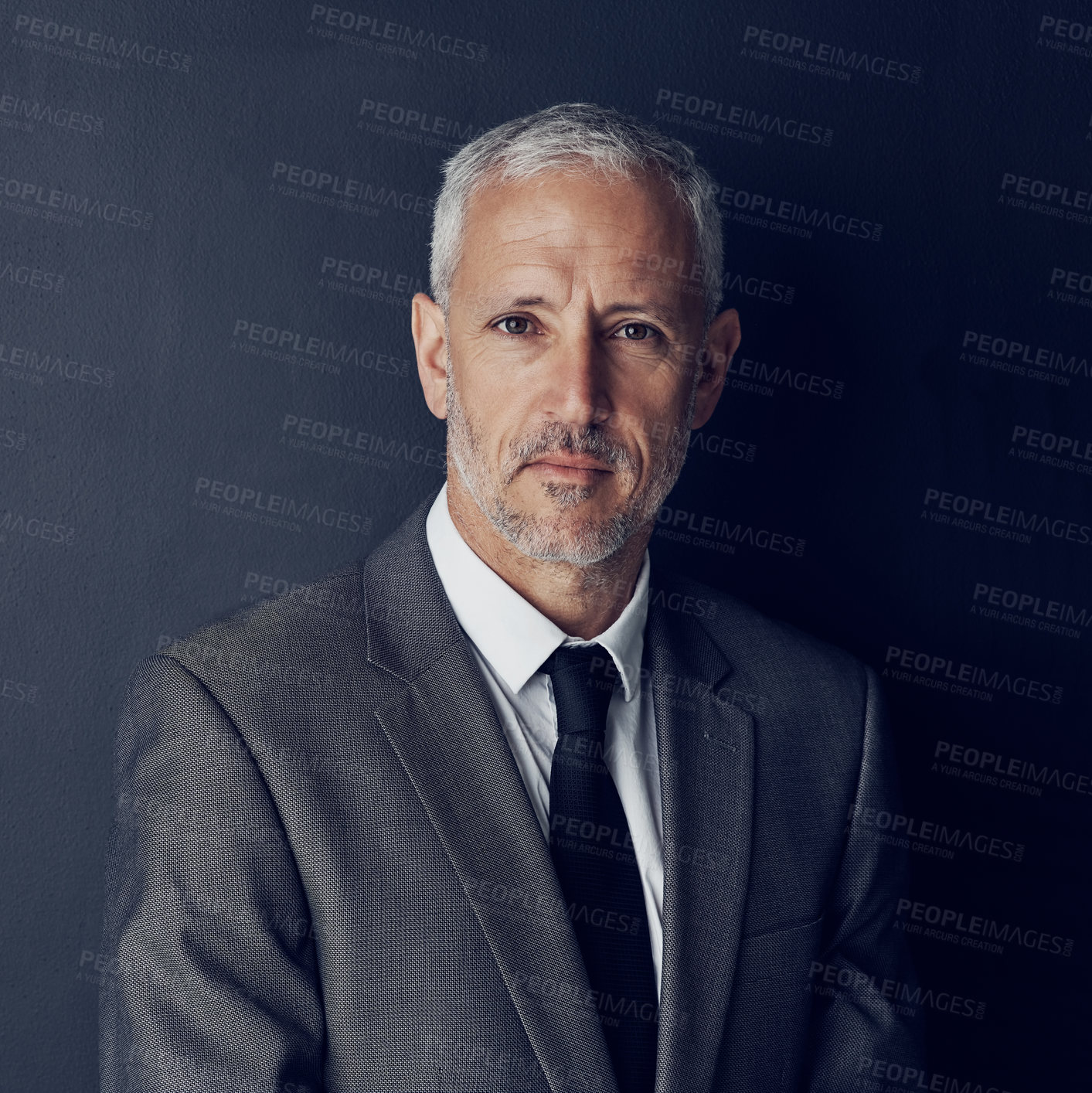 Buy stock photo Studio portrait of mature businessman, lawyer or attorney with serious face on dark background. Boss, ceo and professional business owner, senior director with executive management job at law firm.