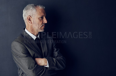 Buy stock photo Senior executive, business man and arms crossed, confidence and management on dark background. Male CEO, corporate director in suit and ambition, mockup space with empowerment and career in studio