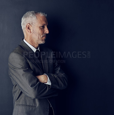 Buy stock photo Happy, confident and man with arms crossed, studio and opportunity for investment, smile and business. Black background, trader and ambitious for project, professional and pride of mature person