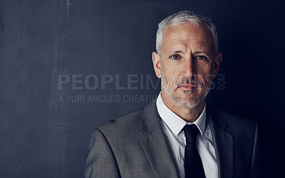 Buy stock photo Mockup portrait of senior businessman, lawyer or attorney with serious face on dark background. Boss, ceo and professional business owner, mature director with executive management job at law firm.