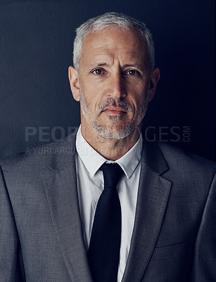 Buy stock photo Portrait, management and mindset with a man CEO in studio on a dark background for leadership. Face, manager and corporate boss with a senior business man looking serious about his company mission