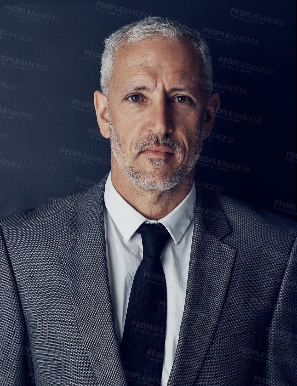 Buy stock photo Portrait, management and mindset with a man CEO in studio on a dark background for leadership. Face, manager and corporate boss with a senior business man looking serious about his company mission