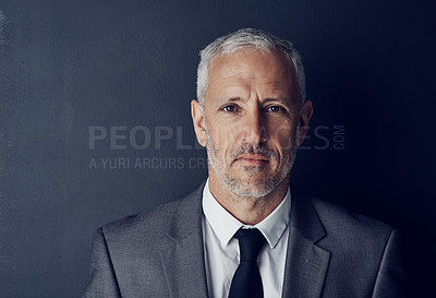 Buy stock photo Serious, senior and portrait of business man in studio for professional, corporate or manager. Boss, pride and confidence with face of male ceo on black background for executive and mockup space