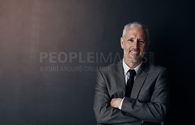 Buy stock photo Portrait, smile and businessman with mockup, confident lawyer or attorney on dark background in studio. Boss, ceo and professional business owner, happy senior director at law firm with arms crossed.