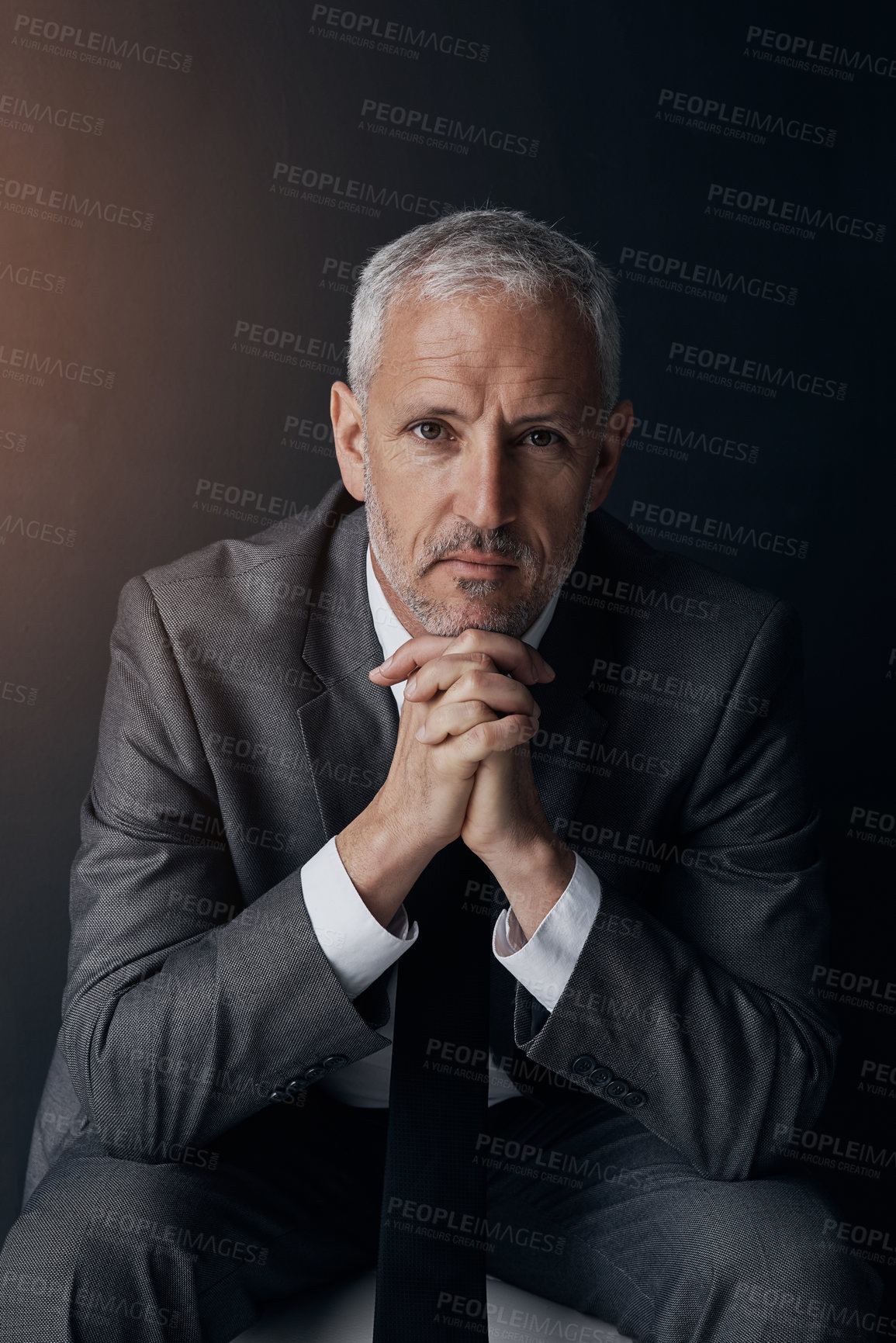 Buy stock photo Serious portrait of senior lawyer, confident businessman or legal advisor in suit on dark background in studio. Boss, ceo or business owner with pride, senior executive director or law firm attorney.