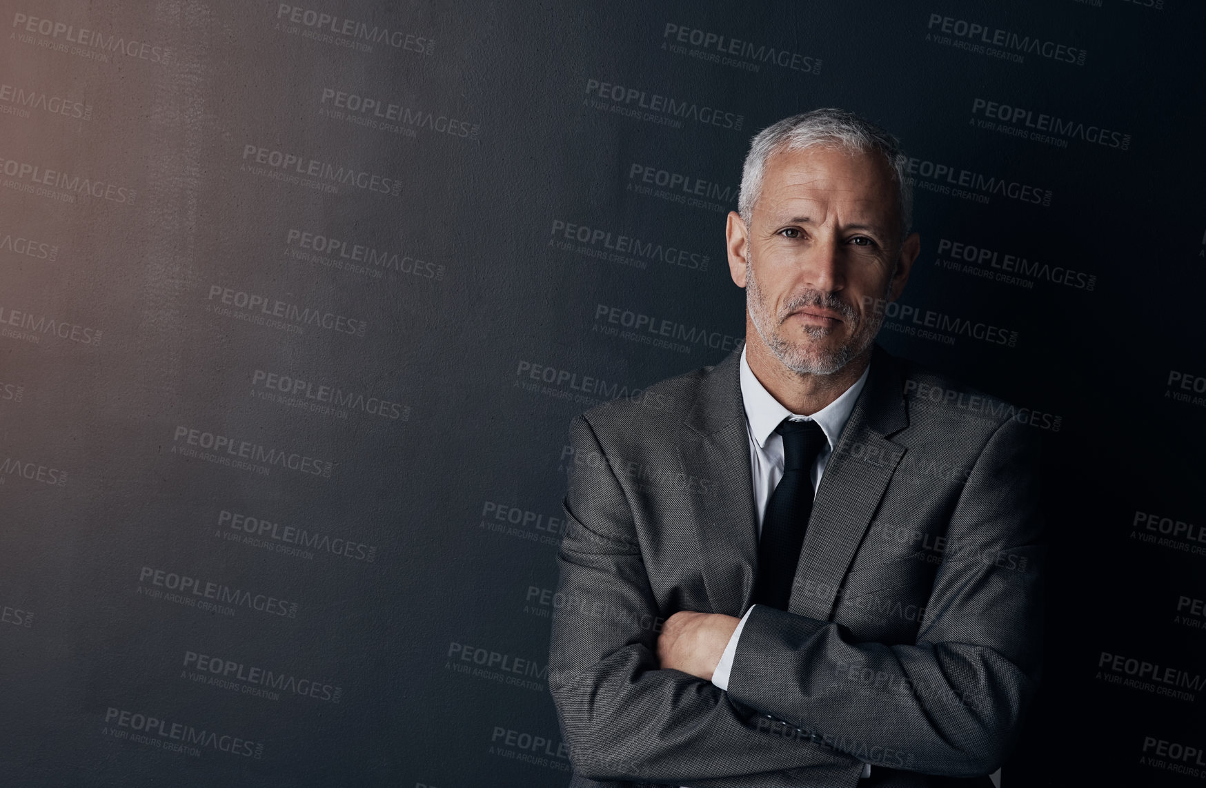 Buy stock photo Portrait, serious and businessman with mockup, confident lawyer or attorney on dark studio background. Boss, ceo and professional business owner, proud senior director at law firm with arms crossed.