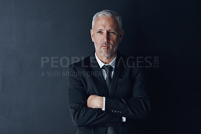 Buy stock photo Arms crossed, senior and vision of business man in studio for financial advisor, corporate or manager. Boss, accounting and idea with ceo thinking on black background for executive and mockup space