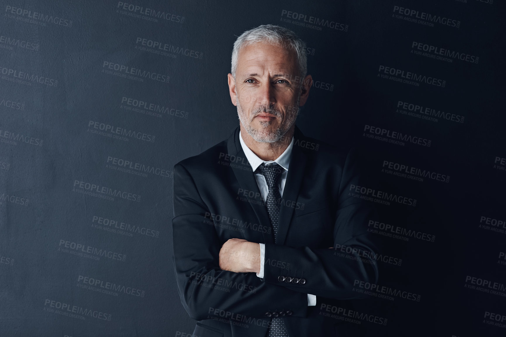 Buy stock photo Arms crossed, senior and vision of business man in studio for financial advisor, corporate or manager. Boss, accounting and idea with ceo thinking on black background for executive and mockup space