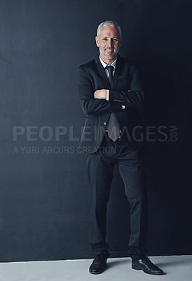 Buy stock photo Senior executive, business man and arms crossed with full body portrait, confidence and management on dark background. Male CEO, corporate director in suit and ambition, empowerment and career 