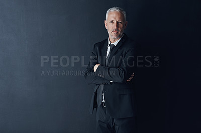 Buy stock photo Arms crossed, corporate and portrait of business man in studio for professional, senior or manager. Boss, pride and confidence with face of male ceo on black background for executive and mockup space