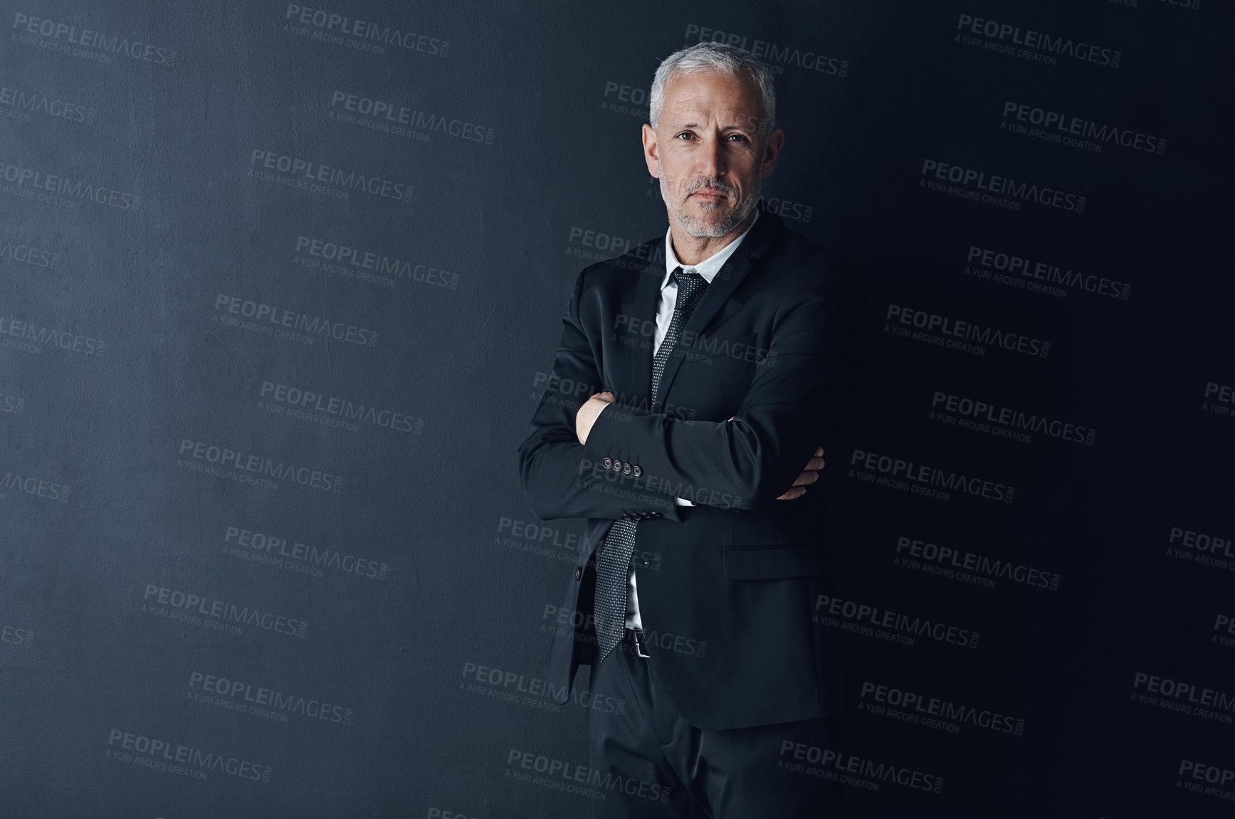 Buy stock photo Arms crossed, corporate and portrait of business man in studio for professional, senior or manager. Boss, pride and confidence with face of male ceo on black background for executive and mockup space