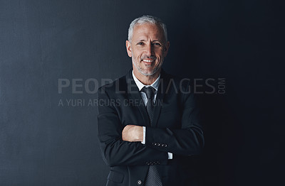 Buy stock photo Arms crossed, happy and portrait of business man in studio for professional, corporate or manager. Boss, pride and confidence with face of male ceo on black background for executive and mockup space