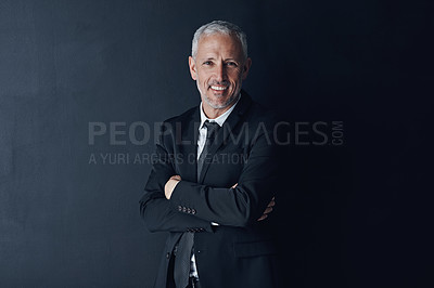 Buy stock photo Arms crossed, senior and portrait of business man in studio for professional, corporate or manager. Boss, pride and confidence with face of male ceo on black background for executive and mockup space