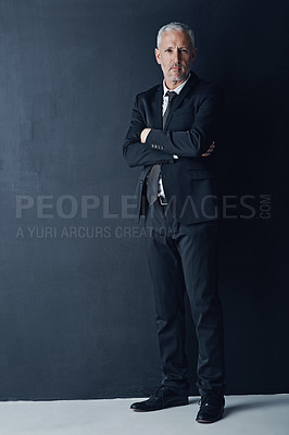 Buy stock photo Arms crossed, portrait and business man in studio for professional, corporate or manager. Boss, pride and confidence with face of senior male ceo on black background for executive and mockup space