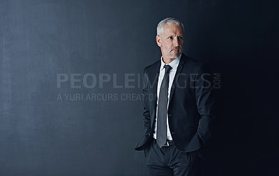 Buy stock photo Senior executive, business man and confidence in studio, management and professional mindset on dark background. Male CEO, corporate director and suit with ambition, empowerment and mockup space