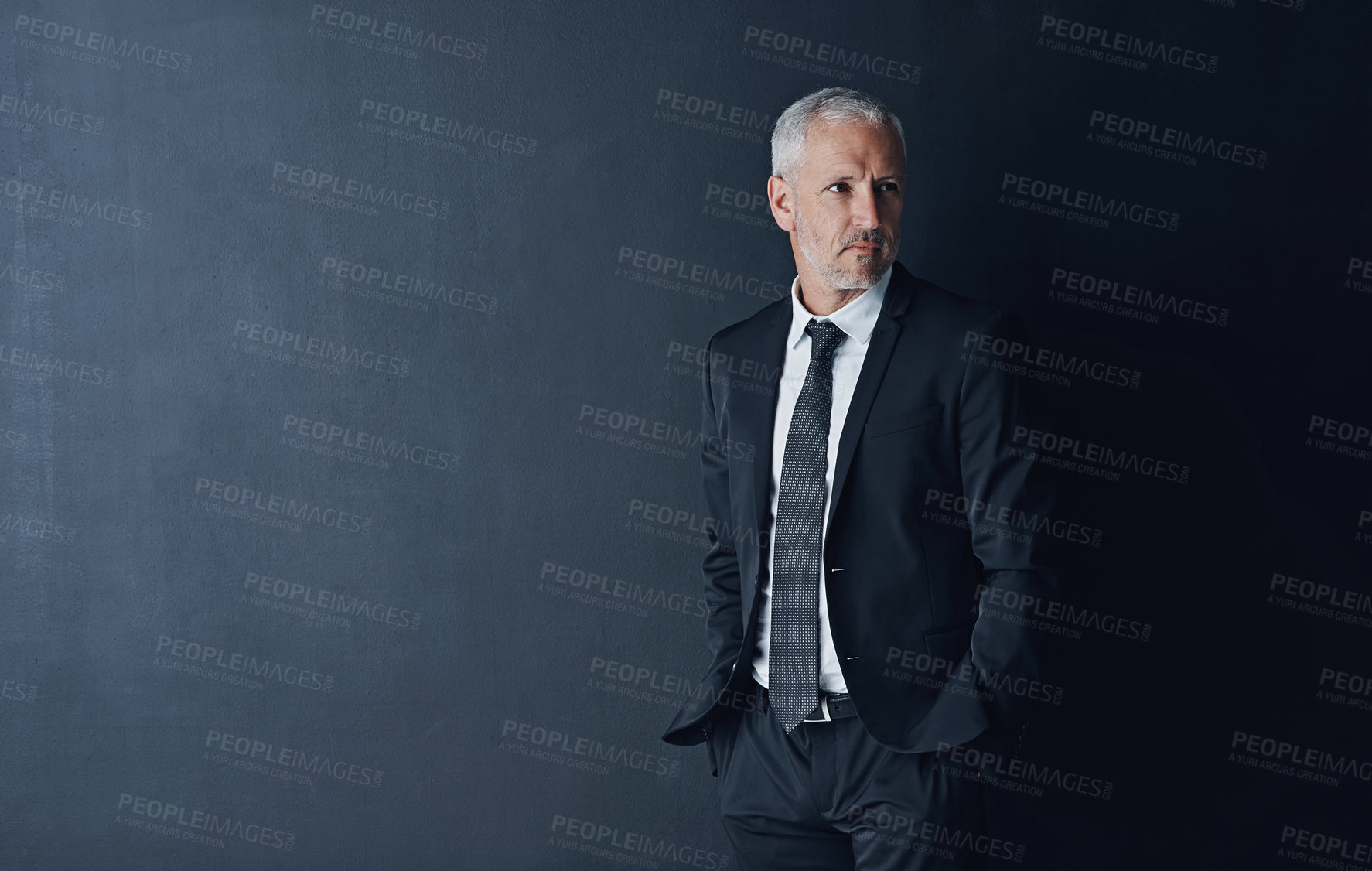 Buy stock photo Senior executive, business man and confidence in studio, management and professional mindset on dark background. Male CEO, corporate director and suit with ambition, empowerment and mockup space