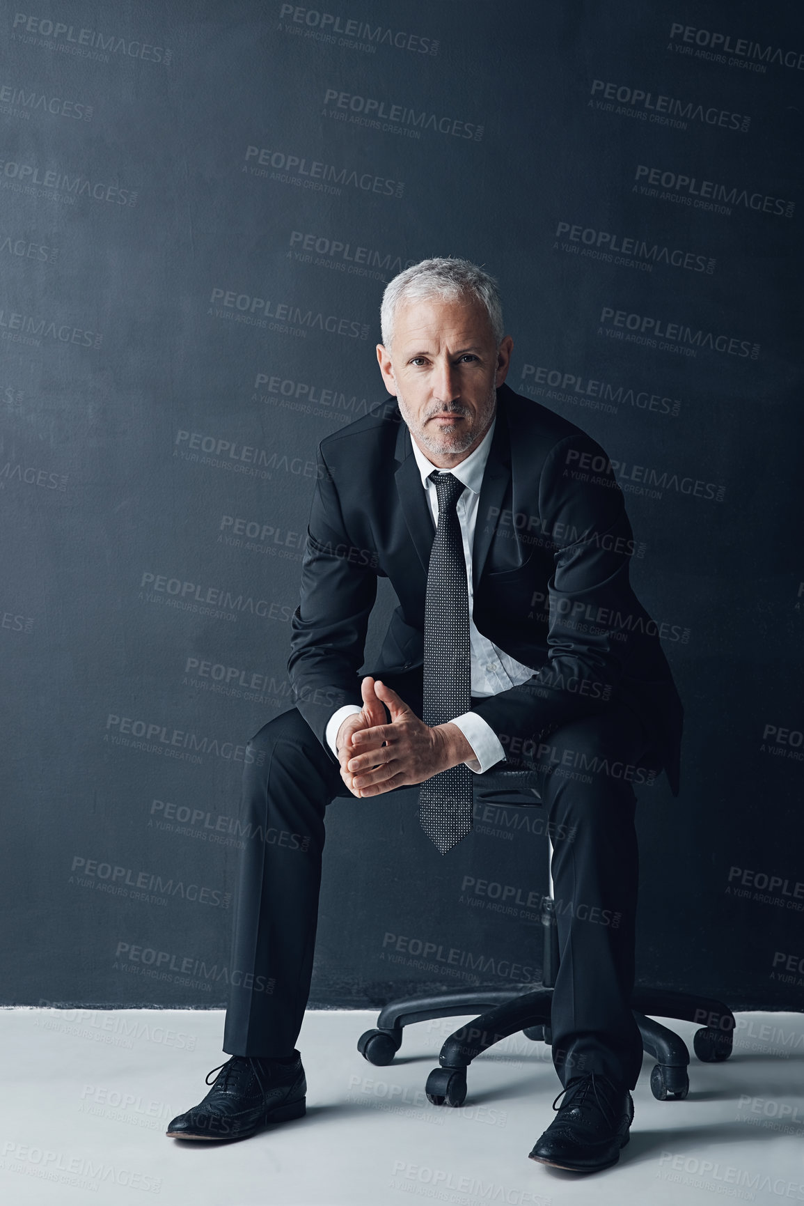 Buy stock photo Serious, confident and portrait of man, studio and opportunity for investment, boss and business. Black background, trader and ambitious for project, space and pride of mature person, CEO and USA