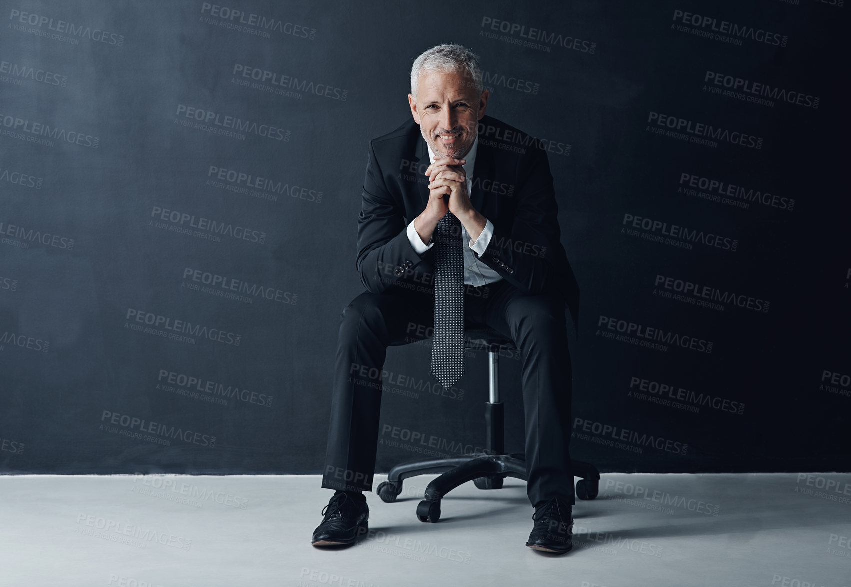 Buy stock photo Happy, professional and portrait of man, studio and opportunity for investment, boss and business. Black background, trader and smile for project, mockup and mature person with ambition, CEO and USA