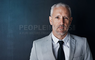 Buy stock photo Senior executive, business man and headshot, portrait with confidence and management on dark background. Male CEO, corporate director in studio and suit with ambition, empowerment and mockup space