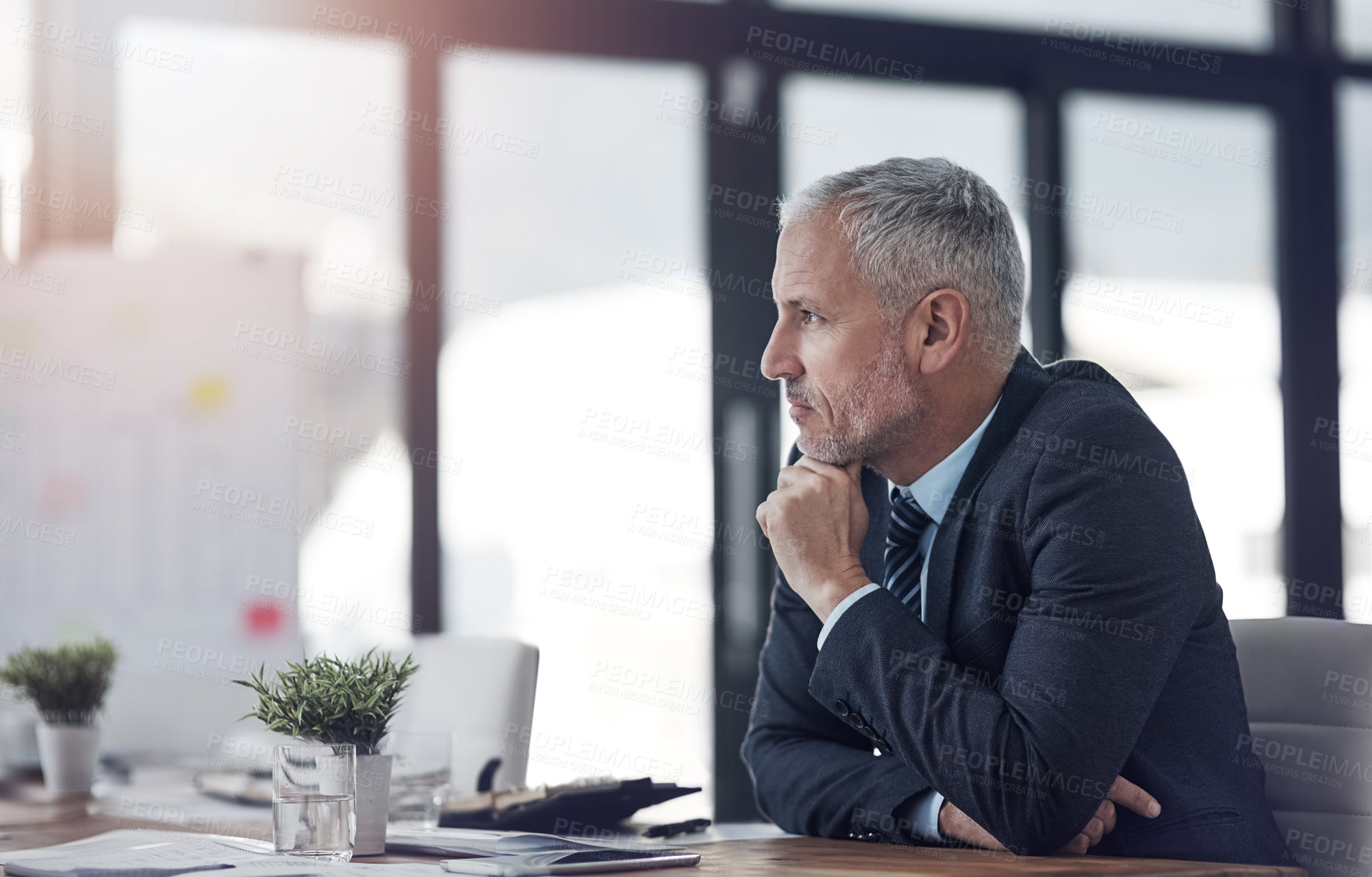 Buy stock photo ​​Mature, businessman and thinking with sitting in office as accountant in financial agency. Male person, economy and planning at desk for investment opportunity, idea or growth as management in bank