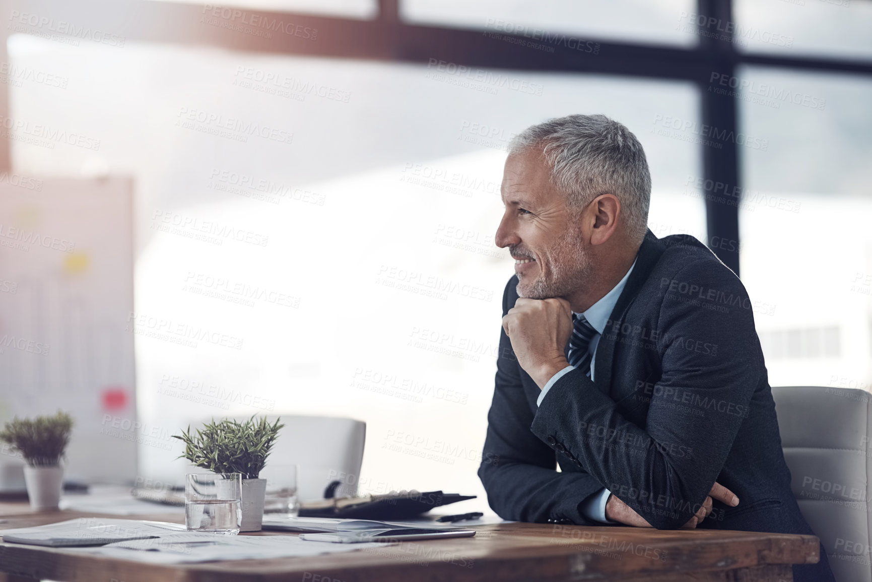 Buy stock photo CEO, thinking and mature businessman with vision, inspiration or mindset in corporate office. Smile, idea and manager planning future, reflection or financial executive with insight for profit growth