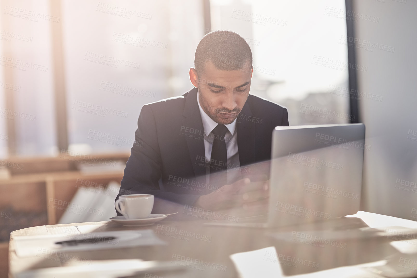 Buy stock photo Businessman, mobile and typing in office for finance, online banking and contact at laptop. Trader, computer or phone in agency for economy news, check stock market or research investment opportunity