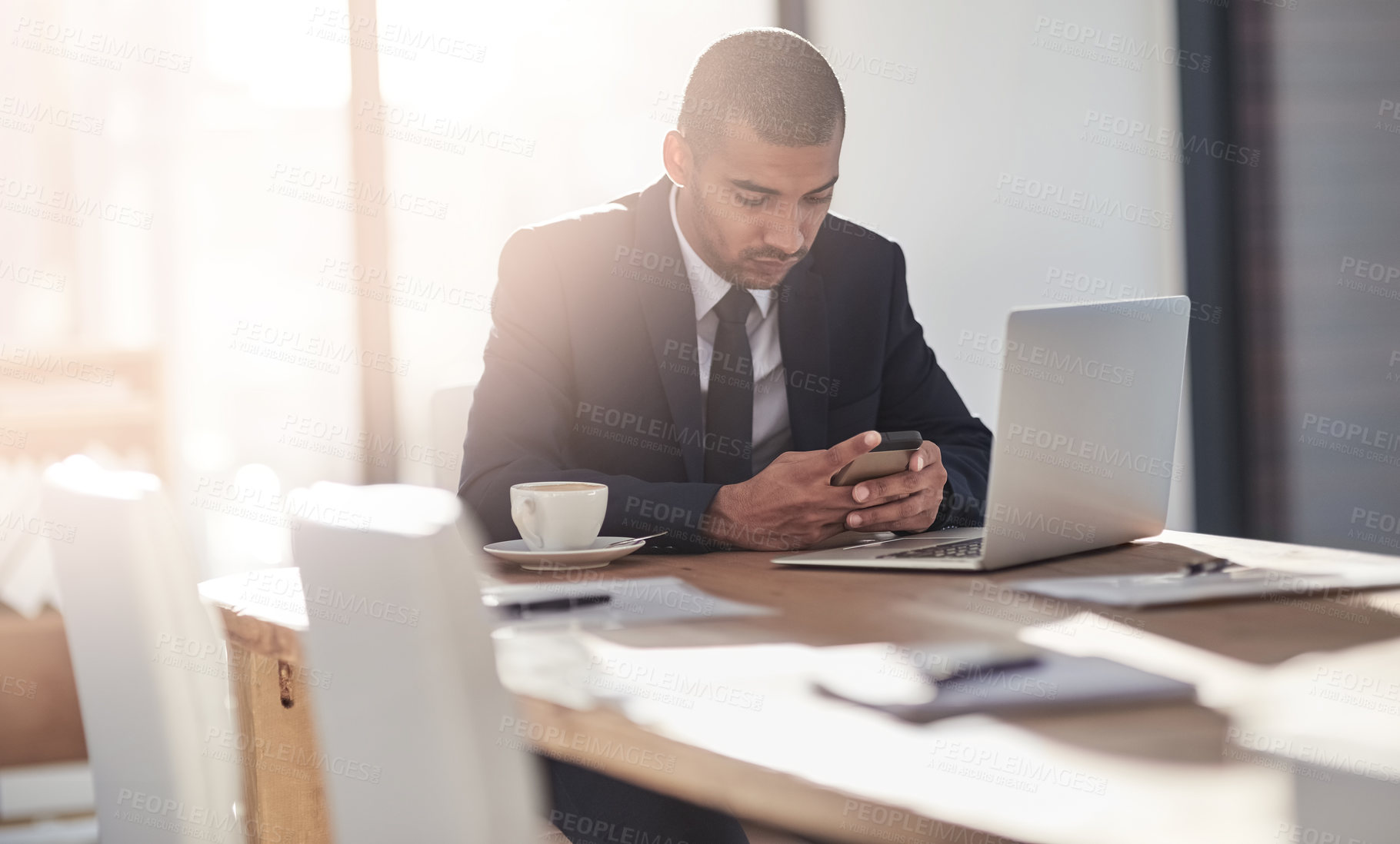 Buy stock photo Businessman, phone and typing in office for finance, connection and networking at laptop. Trader, computer or mobile in agency for economy news, check stock market or research investment opportunity