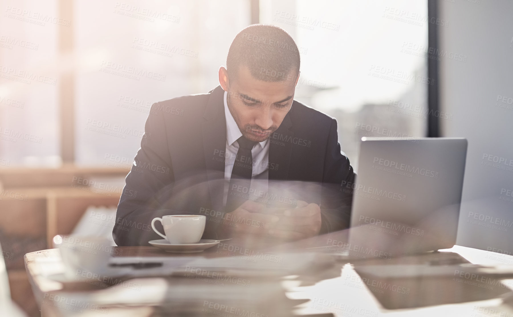 Buy stock photo Businessman, mobile and laptop in office for finance, online banking and client contact. Trader, computer and phone in agency for economy news, check stock market and research investment opportunity