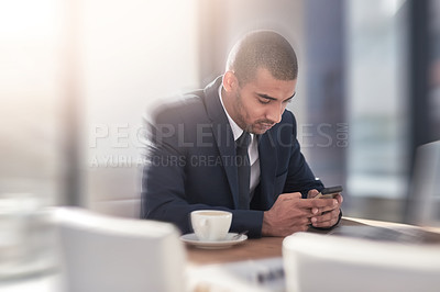 Buy stock photo Business man, phone and corporate career for lawyer brief, texting and legal work in boardroom. Website, professional suit and law consultant with attorney, working and employee at table on app