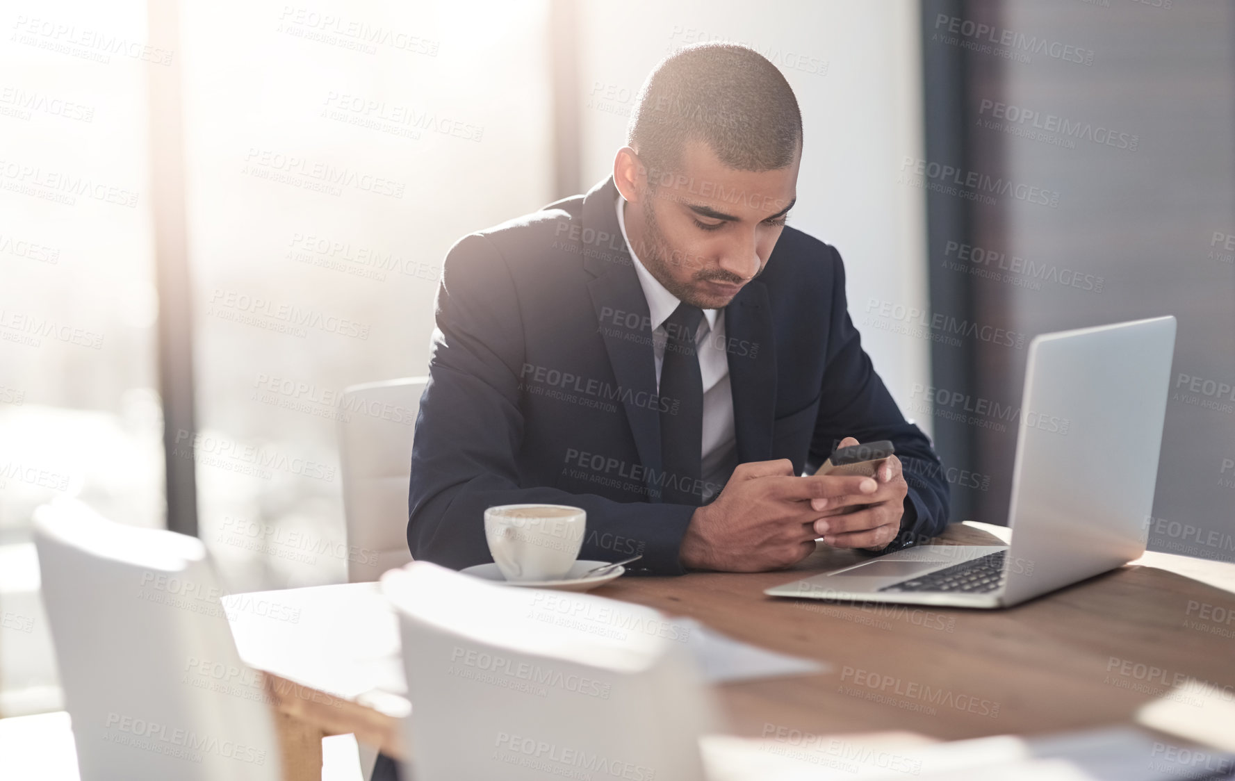 Buy stock photo Man, phone or reading in office for business, planning and update calendar in app at laptop. Lawyer, tech or mobile in law firm for email contact, client communication or case research or preparation