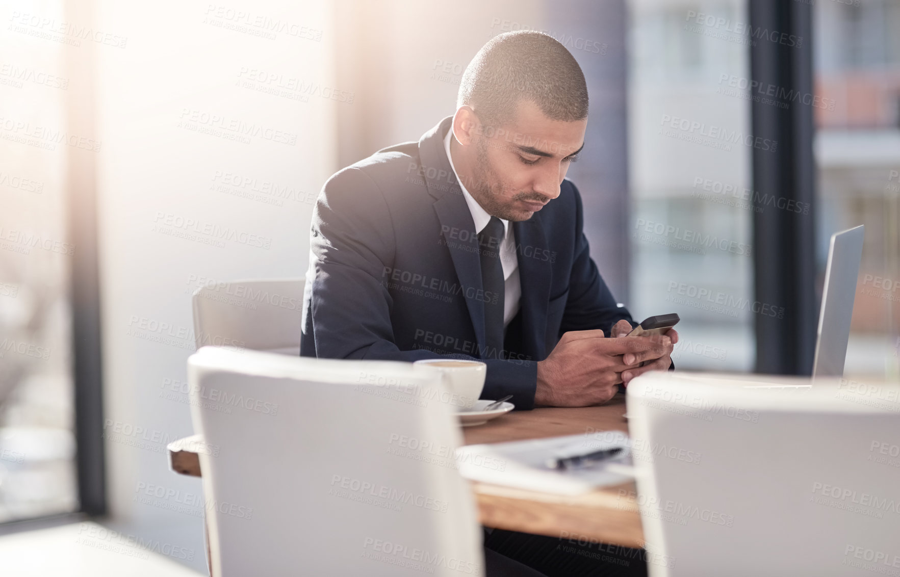 Buy stock photo Man, mobile and typing in office for business, planning and update calendar in app at tech. Lawyer, laptop or phone in law firm for email contact, client communication or case research or preparation